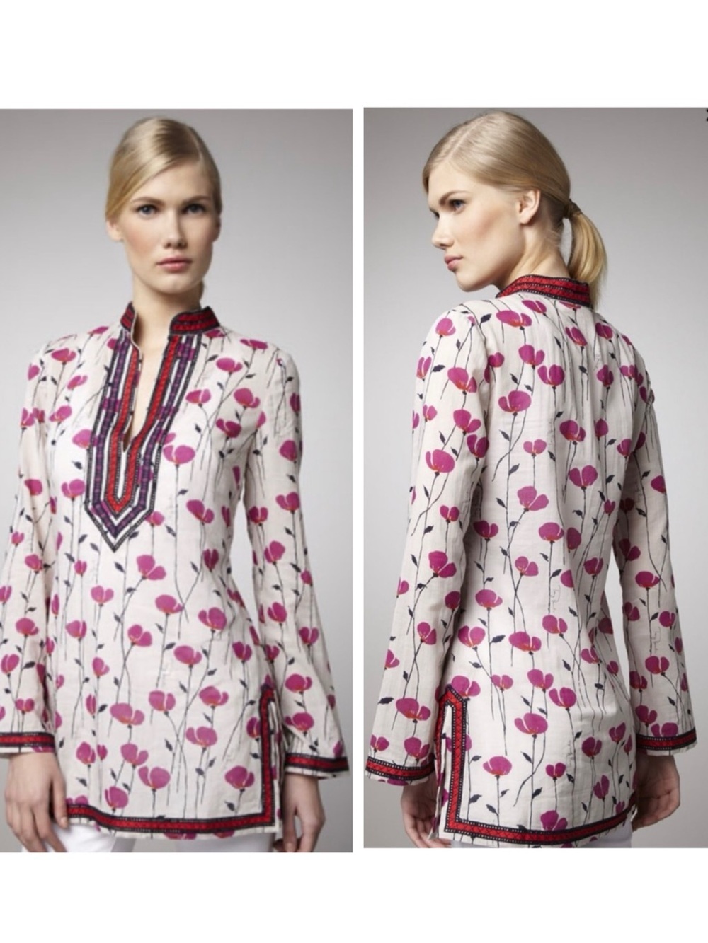 Tory Burch Poppy Floral Boho 10 Embroidered Cotton Tunic Blouse Slit Lightweight